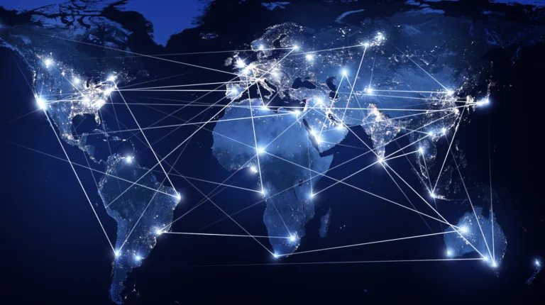 A map of the world with lines between cities